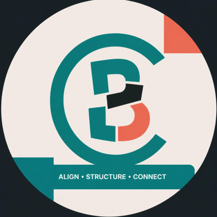 Connected Brand symbol featuring a complete C around a fragmented, misaligned B, with the words Align, Structure and Connect.